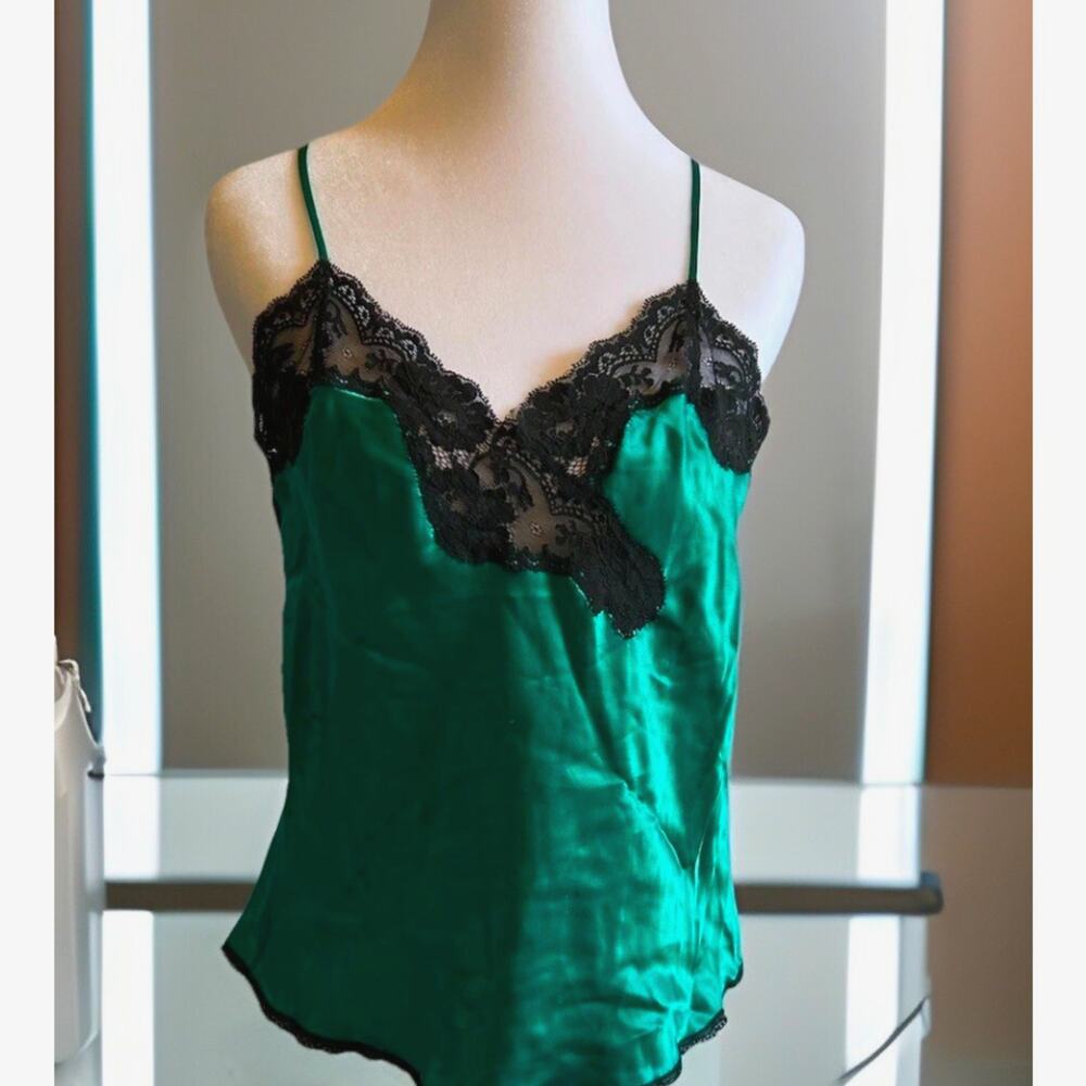 Vtg 80s green satin babydoll Cami Top Lace Lingerie Fantasies morgan taylor S